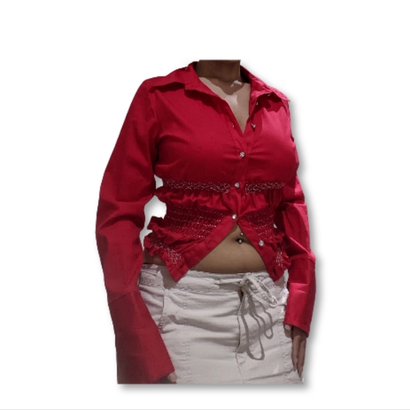 Ruched Y2K Red Flared Sleeves Blouse - Picture 3 of 4